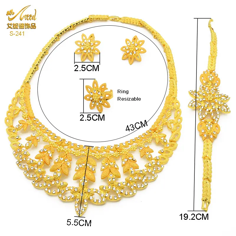 Nigeria Middle East bridal gold-plated jewelry suit flower exaggerated long necklace ring bracelet earrings four-piece set — feature 35