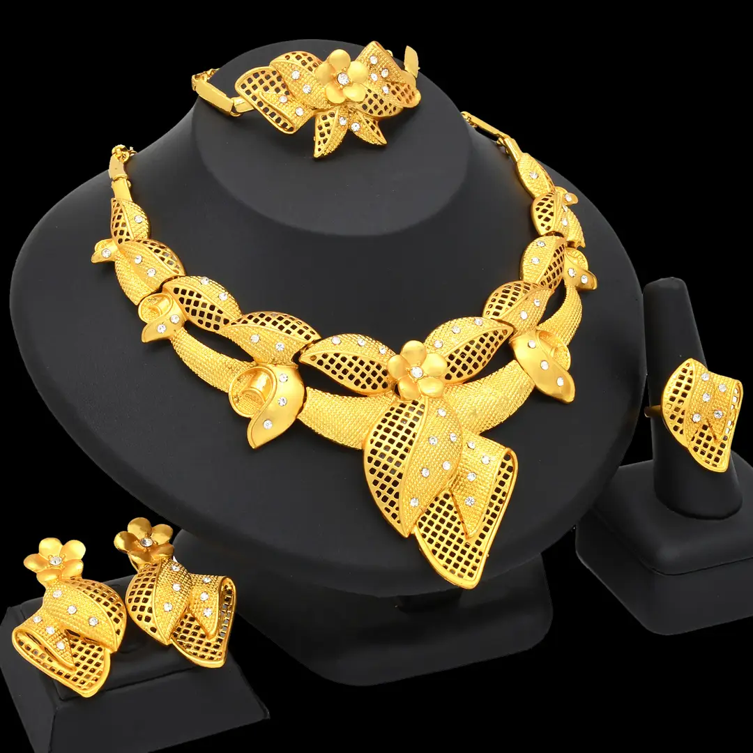Nigeria Middle East bridal gold-plated jewelry suit flower exaggerated long necklace ring bracelet earrings four-piece set — feature 36