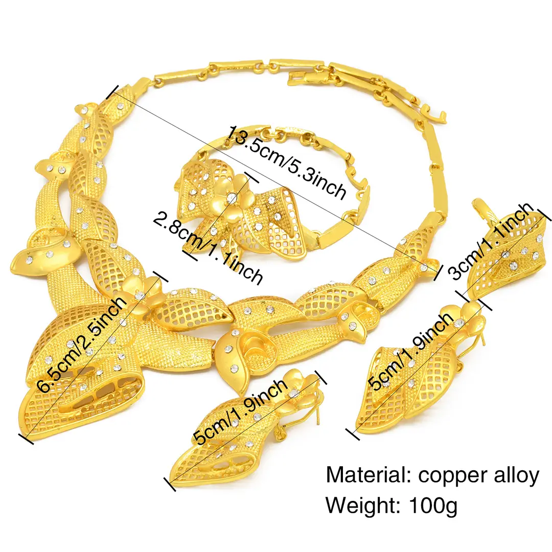 Nigeria Middle East bridal gold-plated jewelry suit flower exaggerated long necklace ring bracelet earrings four-piece set — feature 38