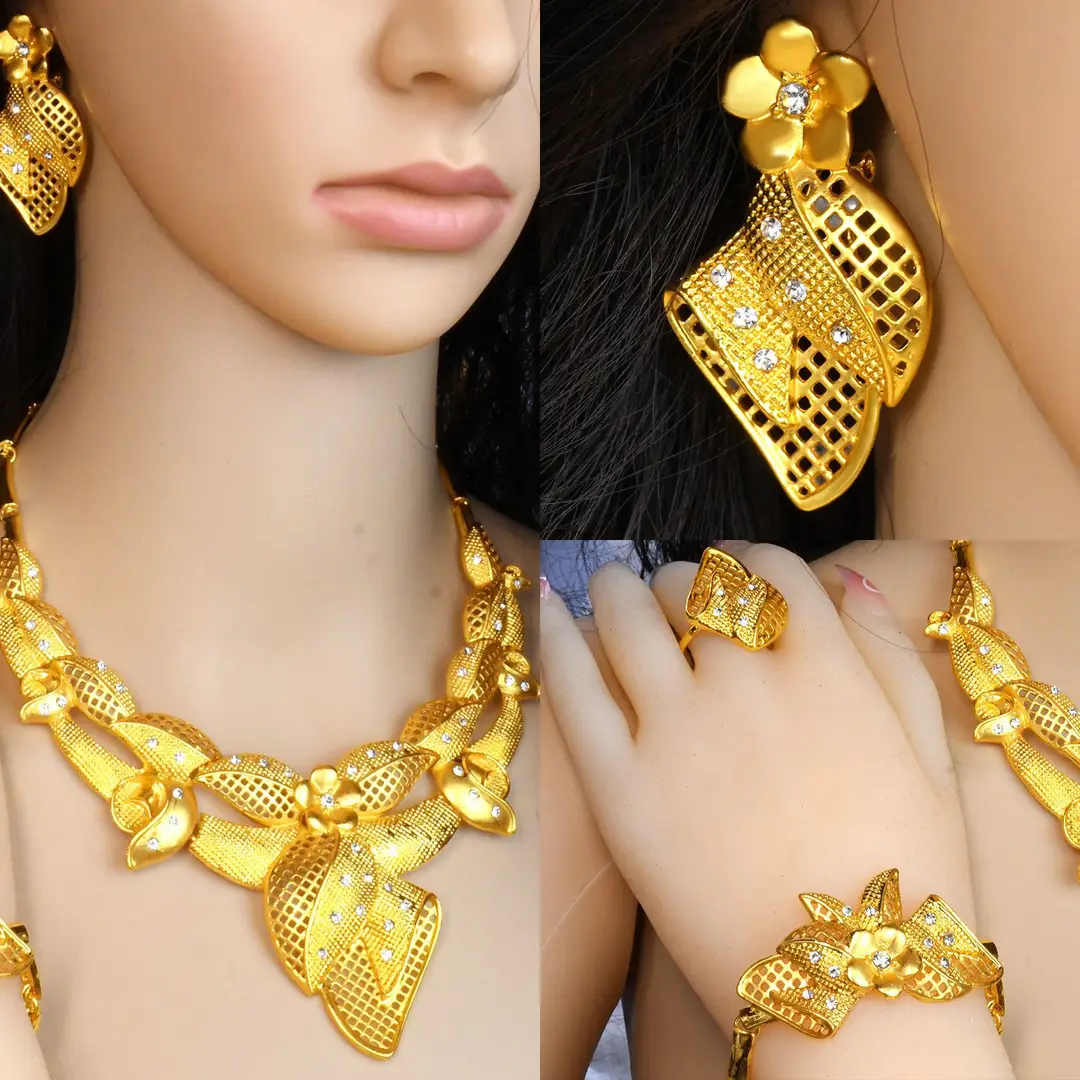 Nigeria Middle East bridal gold-plated jewelry suit flower exaggerated long necklace ring bracelet earrings four-piece set — feature 39