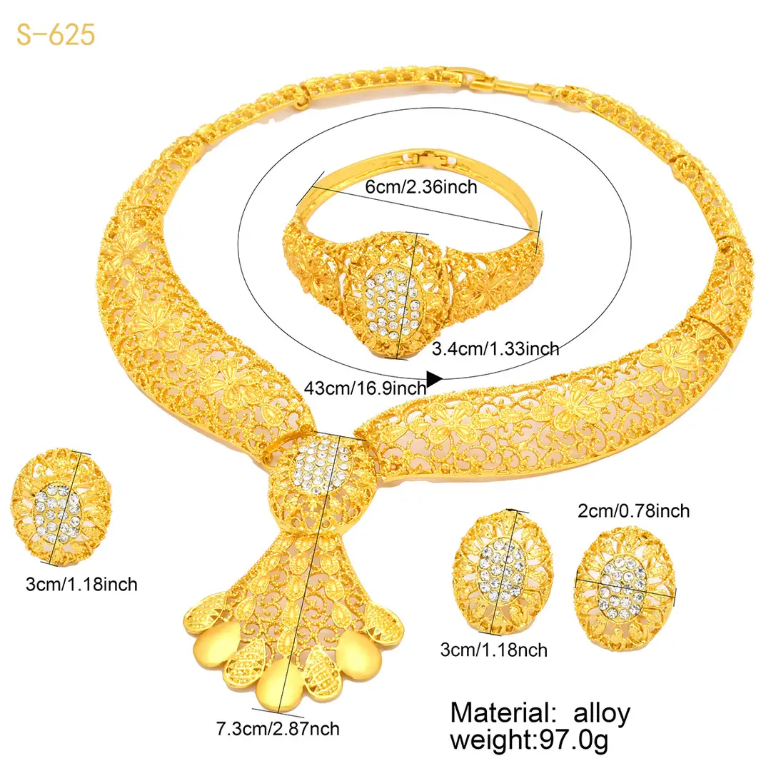 Nigeria Middle East bridal gold-plated jewelry suit flower exaggerated long necklace ring bracelet earrings four-piece set — feature 4