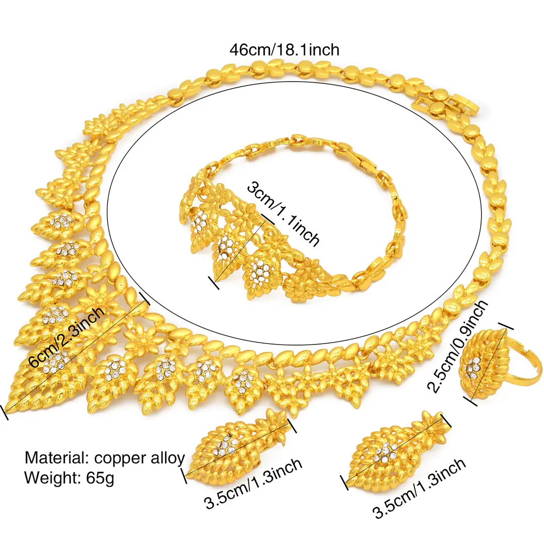 Nigeria Middle East bridal gold-plated jewelry suit flower exaggerated long necklace ring bracelet earrings four-piece set — feature 42