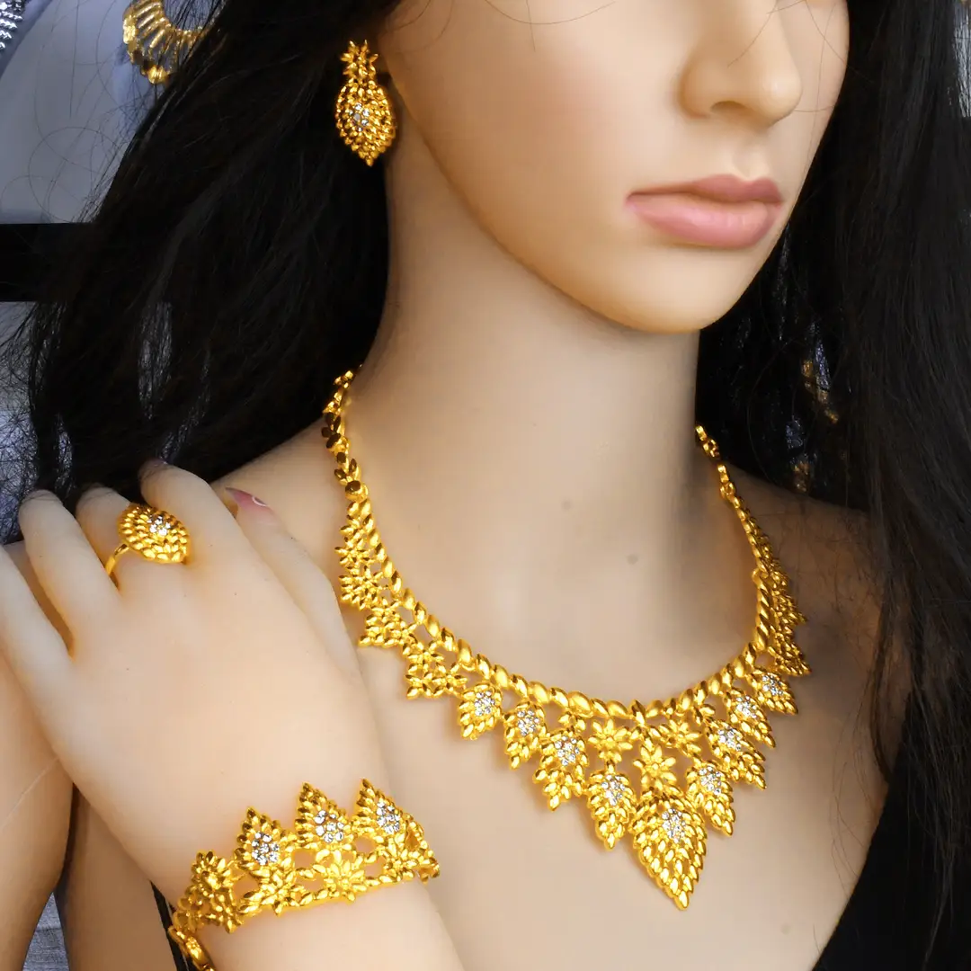 Nigeria Middle East bridal gold-plated jewelry suit flower exaggerated long necklace ring bracelet earrings four-piece set — feature 43