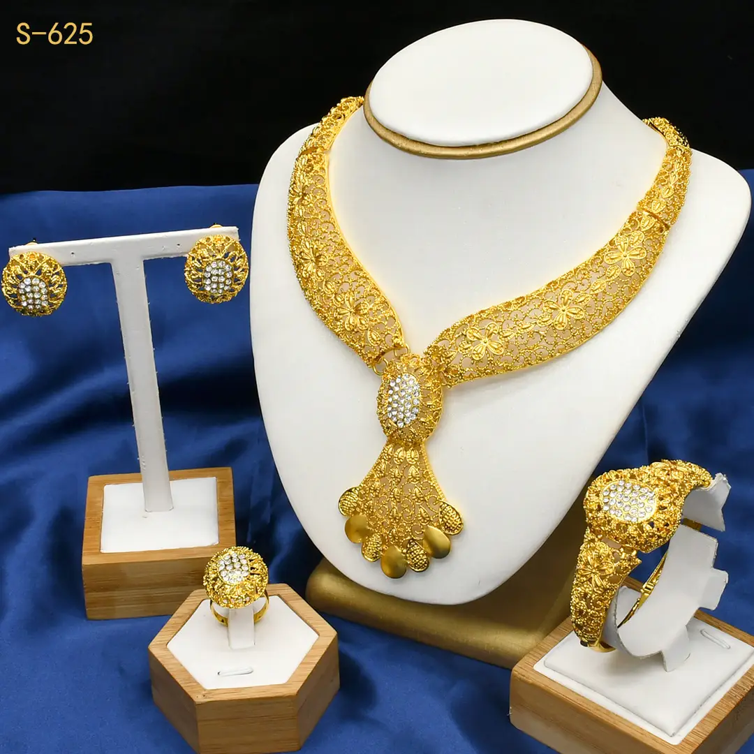 Nigeria Middle East bridal gold-plated jewelry suit flower exaggerated long necklace ring bracelet earrings four-piece set — feature 5