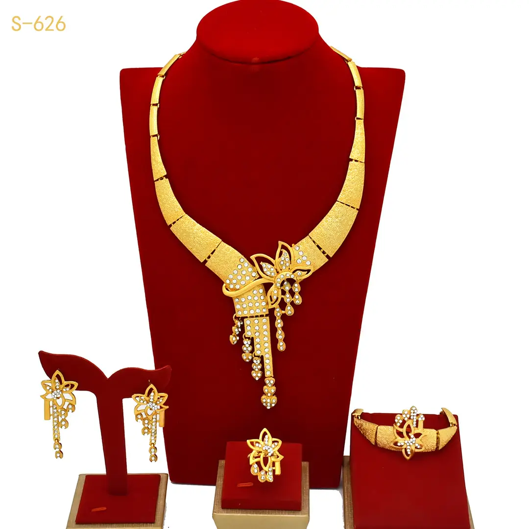 Nigeria Middle East bridal gold-plated jewelry suit flower exaggerated long necklace ring bracelet earrings four-piece set — feature 8