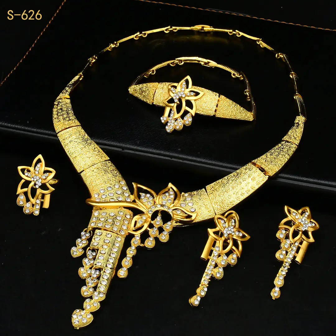 Nigeria Middle East bridal gold-plated jewelry suit flower exaggerated long necklace ring bracelet earrings four-piece set — feature 9