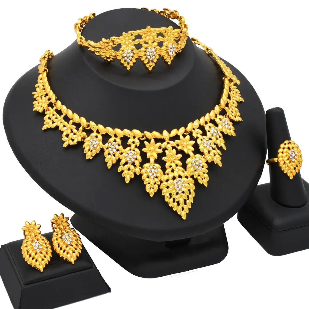 Nigeria Middle East bridal gold-plated jewelry suit flower exaggerated long necklace ring bracelet earrings four-piece set