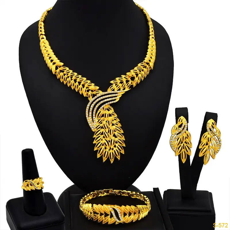 Nigeria Middle East bridal gold-plated jewelry suit flower exaggerated long necklace ring bracelet earrings four-piece set