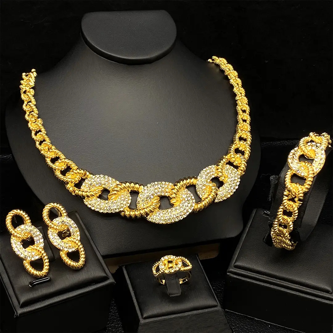 Nigeria Middle East bridal gold-plated jewelry suit flower exaggerated long necklace ring bracelet earrings four-piece set