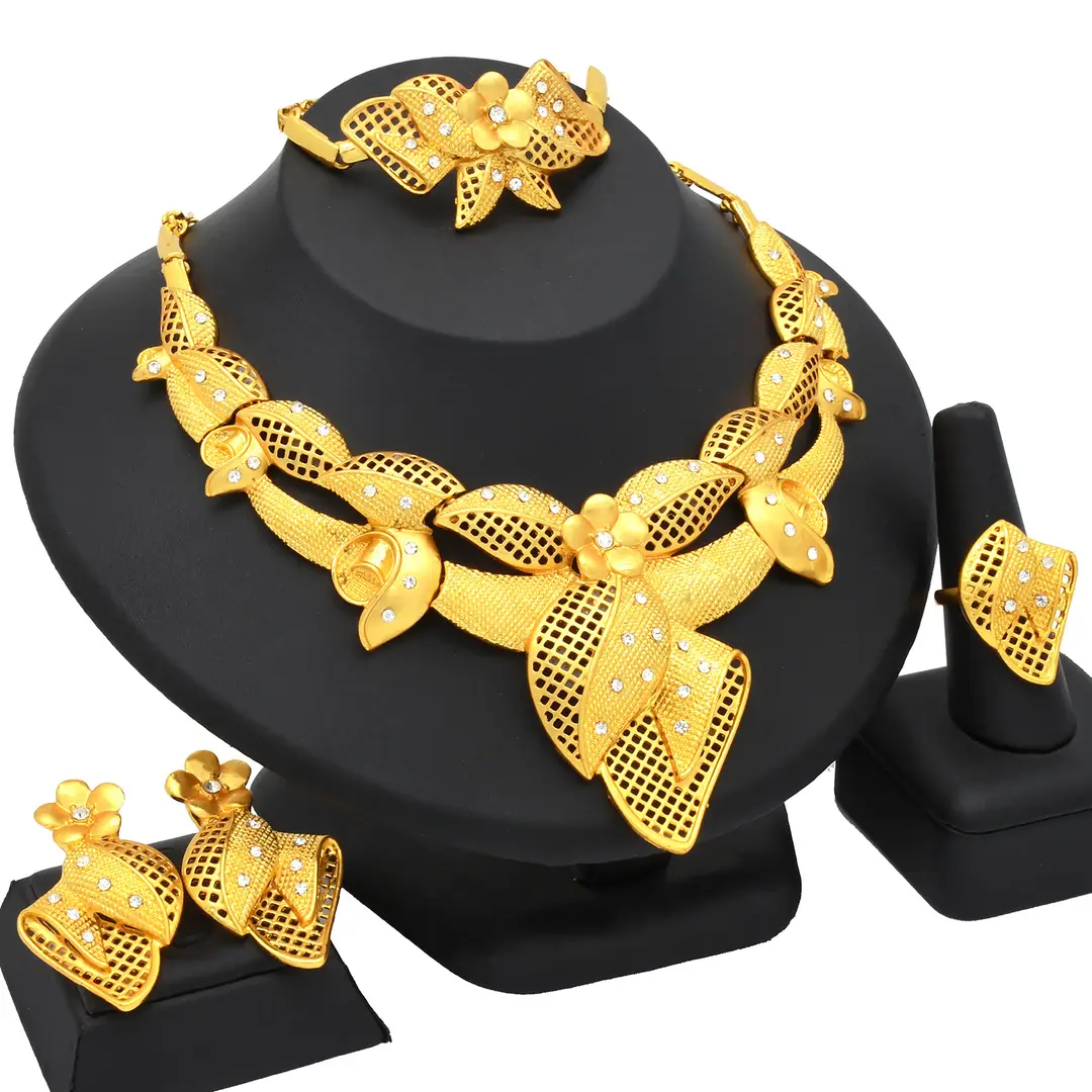 Nigeria Middle East bridal gold-plated jewelry suit flower exaggerated long necklace ring bracelet earrings four-piece set