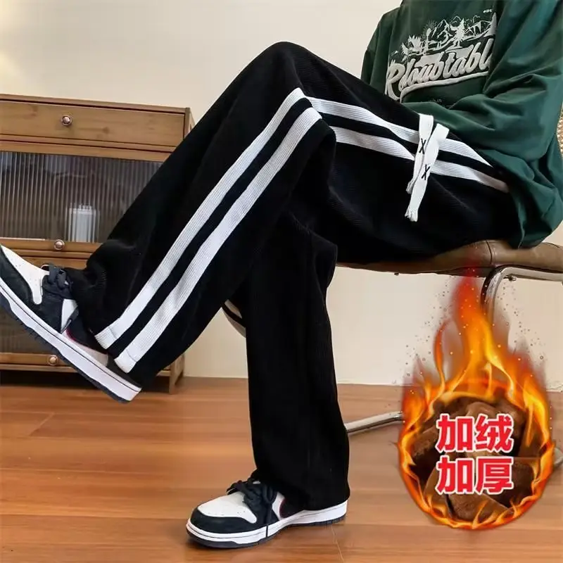 Men's Grey Striped Warm Pants Winter All-Day Wear
