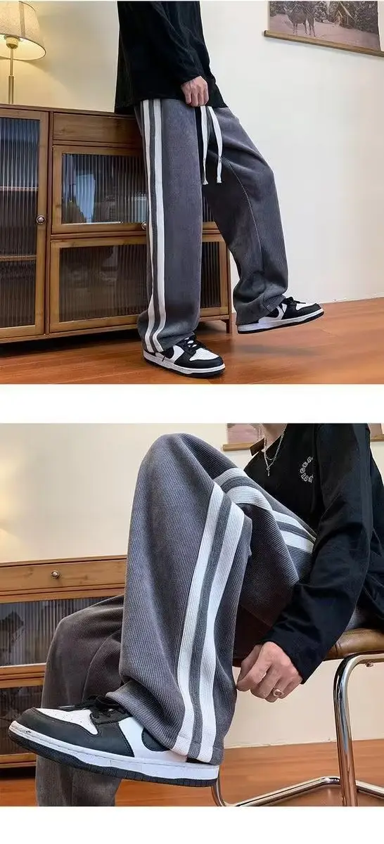 Men's Grey Striped Warm Pants Winter All-Day Wear — feature 9