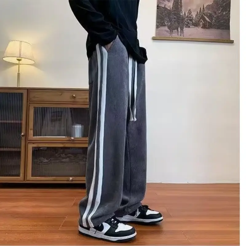 Men's Grey Striped Warm Pants Winter All-Day Wear