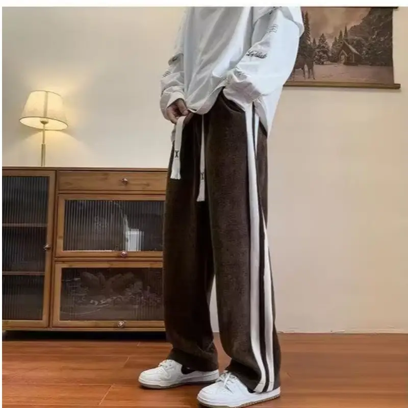 Men's Grey Striped Warm Pants Winter All-Day Wear