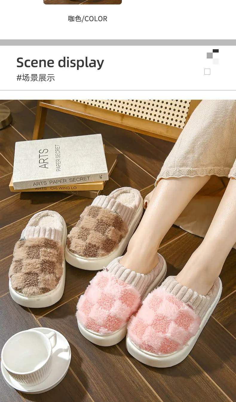 Furry Slippers for Women Autumn and Winter Indoor Home Household Warm Fleece-Lined Confinement Shoes Thick-Soled Couple Cotton Slippers Wholesale — feature 9