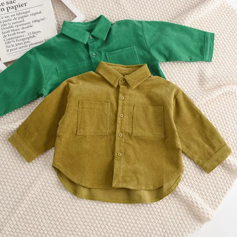 Boy's Olive Green Button-Up Shirt with Front Pocket — feature 3