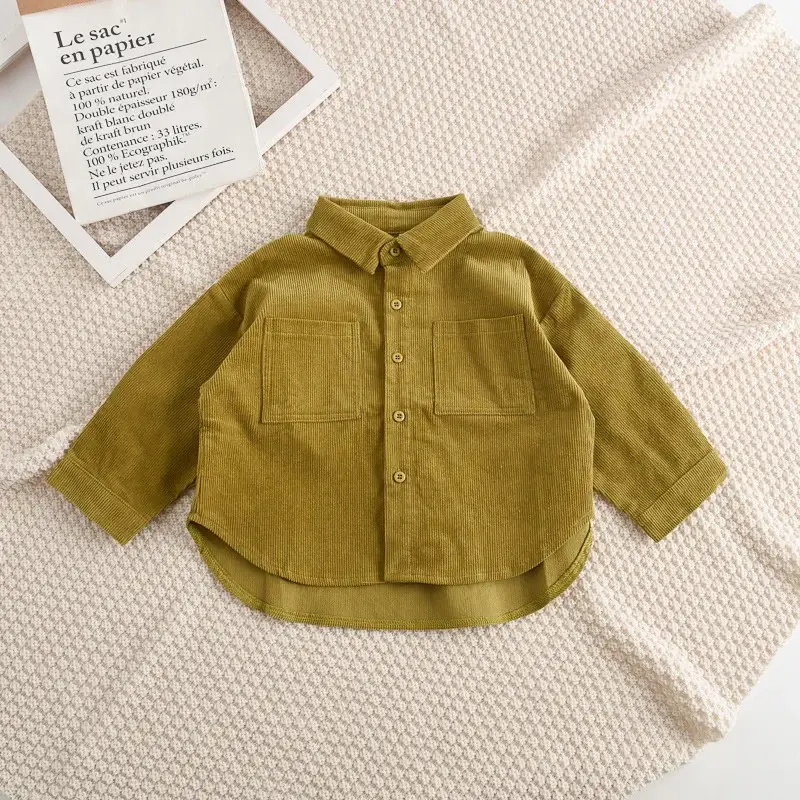 Boy's Olive Green Button-Up Shirt with Front Pocket — feature 5
