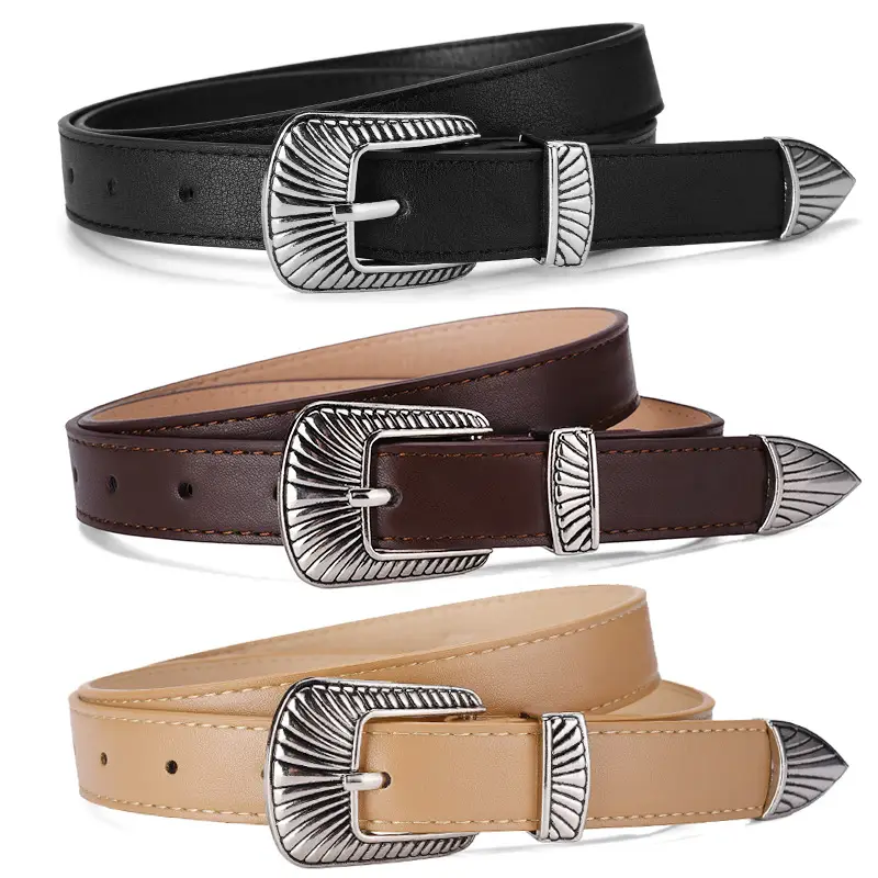Women's Retro Alloy Belt with Silver Buckle Brown - Image 5
