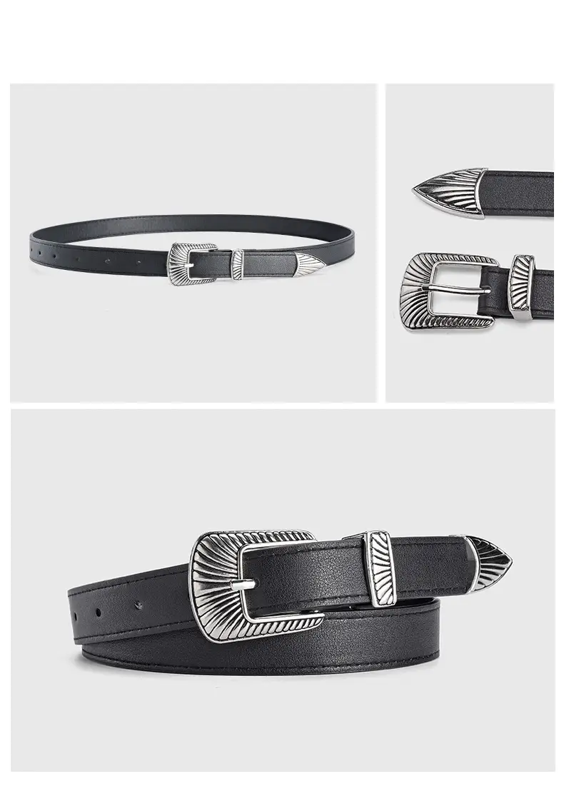 Women's Retro Alloy Belt with Silver Buckle Brown β feature 2