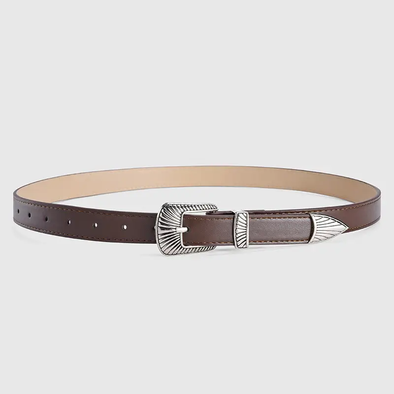 Women's Retro Alloy Belt with Silver Buckle Brown - Image 2