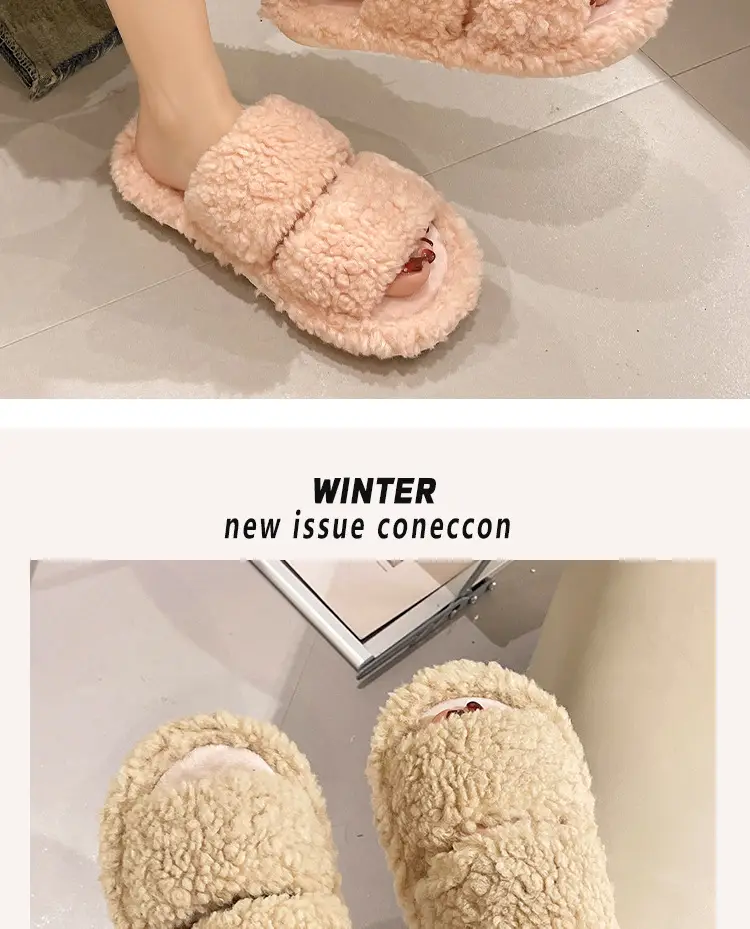 Autumn and Winter plush warm home indoor cotton slippers Women's Home cute one-word non-slip plush slippers women's winter — feature 12