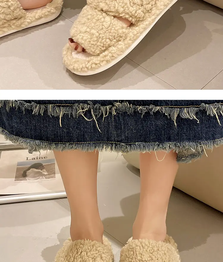 Autumn and Winter plush warm home indoor cotton slippers Women's Home cute one-word non-slip plush slippers women's winter — feature 14
