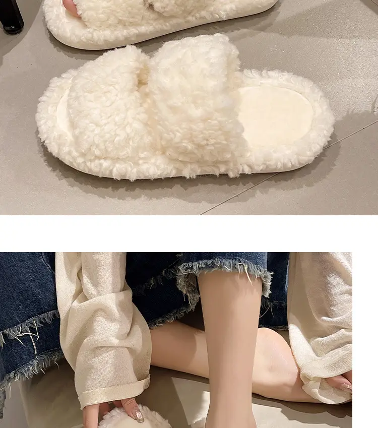 Autumn and Winter plush warm home indoor cotton slippers Women's Home cute one-word non-slip plush slippers women's winter — feature 17