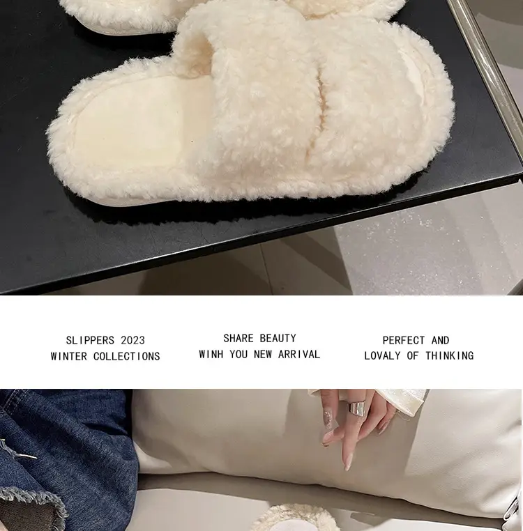 Autumn and Winter plush warm home indoor cotton slippers Women's Home cute one-word non-slip plush slippers women's winter — feature 19