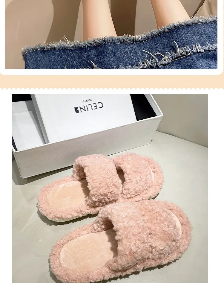 Autumn and Winter plush warm home indoor cotton slippers Women's Home cute one-word non-slip plush slippers women's winter — feature 2