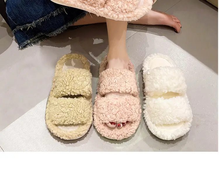 Autumn and Winter plush warm home indoor cotton slippers Women's Home cute one-word non-slip plush slippers women's winter — feature 21