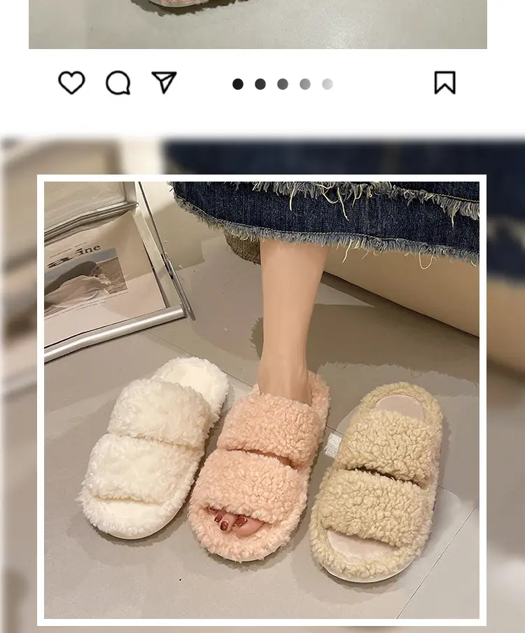 Autumn and Winter plush warm home indoor cotton slippers Women's Home cute one-word non-slip plush slippers women's winter — feature 3