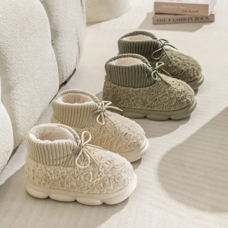 Furry Lace-Up Cotton Shoes for Women, Winter Plush Cotton Slippers for Men, Versatile Thick-Soled High-Heeled Home Anti-Slip Boots - Image 6