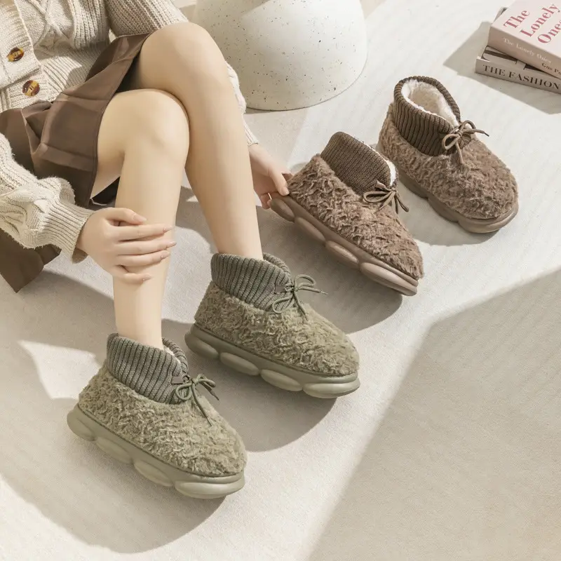 Furry Lace-Up Cotton Shoes for Women, Winter Plush Cotton Slippers for Men, Versatile Thick-Soled High-Heeled Home Anti-Slip Boots - Image 7