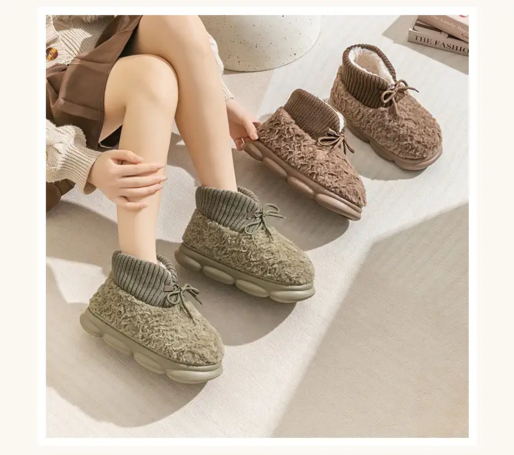 Furry Lace-Up Cotton Shoes for Women, Winter Plush Cotton Slippers for Men, Versatile Thick-Soled High-Heeled Home Anti-Slip Boots — feature 11