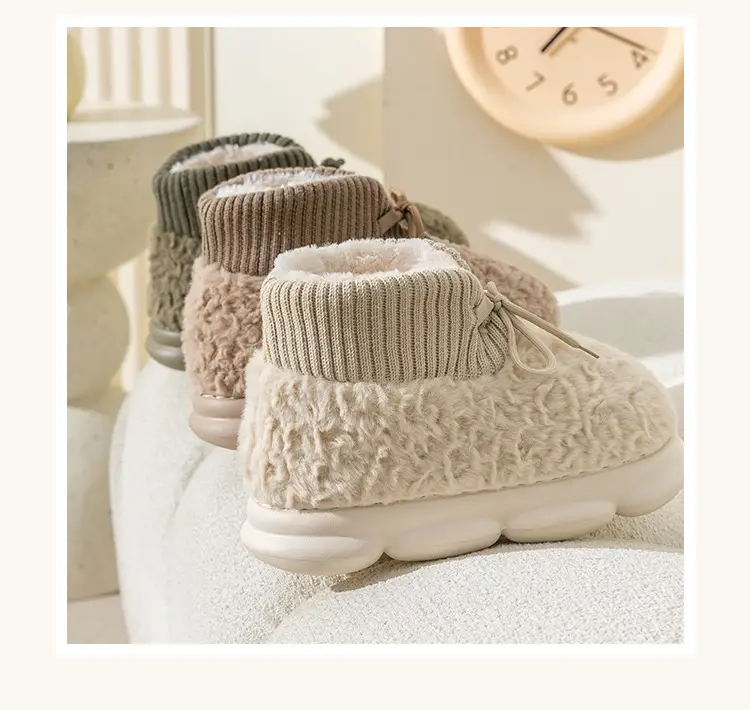 Furry Lace-Up Cotton Shoes for Women, Winter Plush Cotton Slippers for Men, Versatile Thick-Soled High-Heeled Home Anti-Slip Boots — feature 12