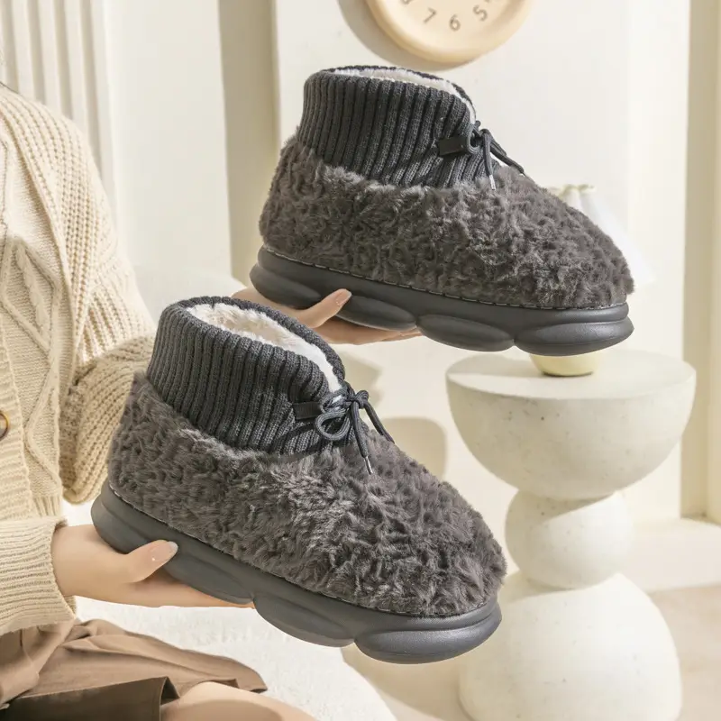 Furry Lace-Up Cotton Shoes for Women, Winter Plush Cotton Slippers for Men, Versatile Thick-Soled High-Heeled Home Anti-Slip Boots - Image 2