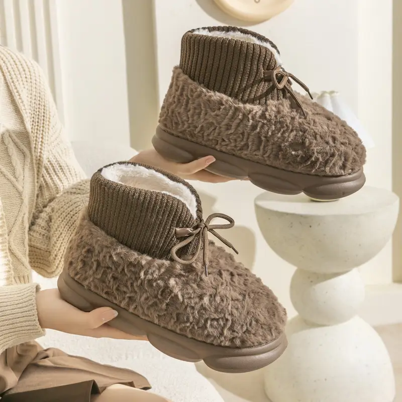 Furry Lace-Up Cotton Shoes for Women, Winter Plush Cotton Slippers for Men, Versatile Thick-Soled High-Heeled Home Anti-Slip Boots - Image 4
