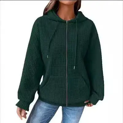 Women Waffle Hoodie Maroon Long Sleeve Winter Coat