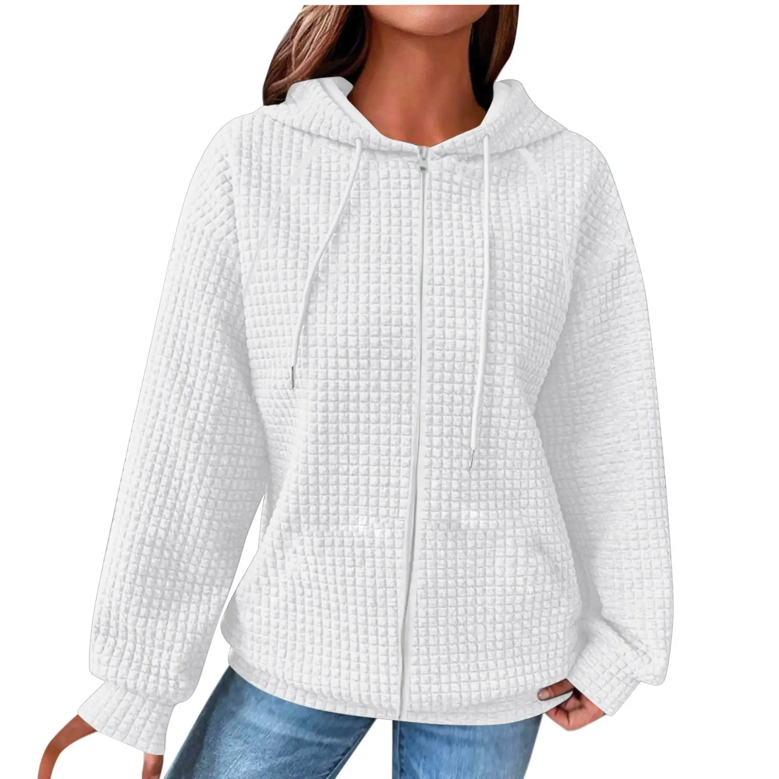 Women Waffle Hoodie Maroon Long Sleeve Winter Coat
