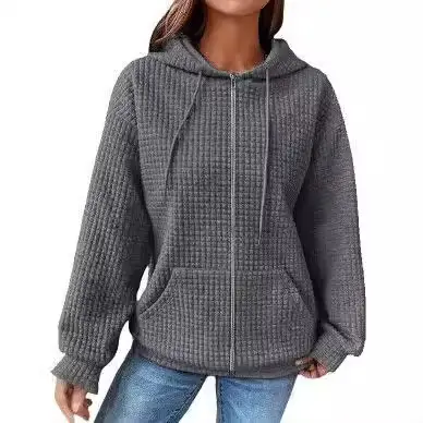 Women Waffle Hoodie Maroon Long Sleeve Winter Coat
