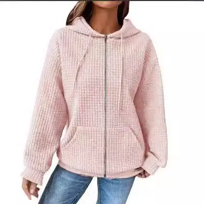 Women Waffle Hoodie Maroon Long Sleeve Winter Coat