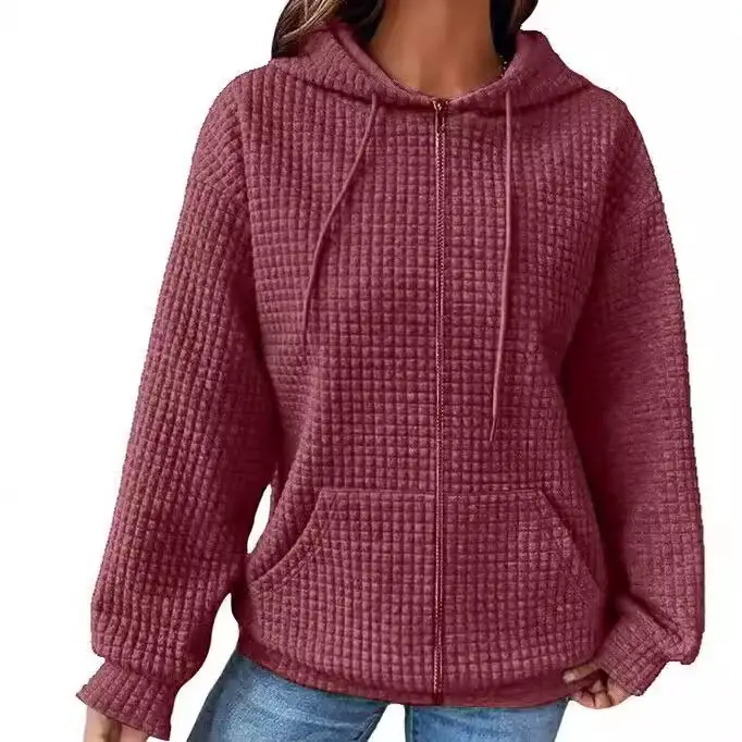 Women Waffle Hoodie Maroon Long Sleeve Winter Coat