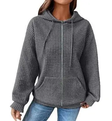 Women Waffle Hoodie Maroon Long Sleeve Winter Coat — feature 4