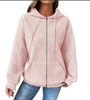 Women Waffle Hoodie Maroon Long Sleeve Winter Coat