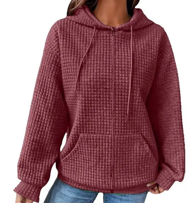 Women Waffle Hoodie Maroon Long Sleeve Winter Coat