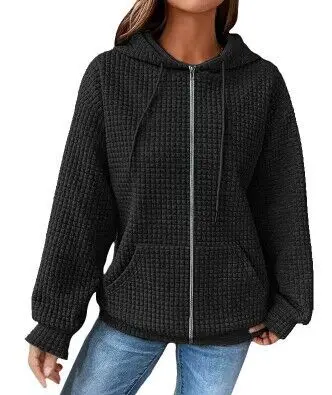 Women Waffle Hoodie Maroon Long Sleeve Winter Coat