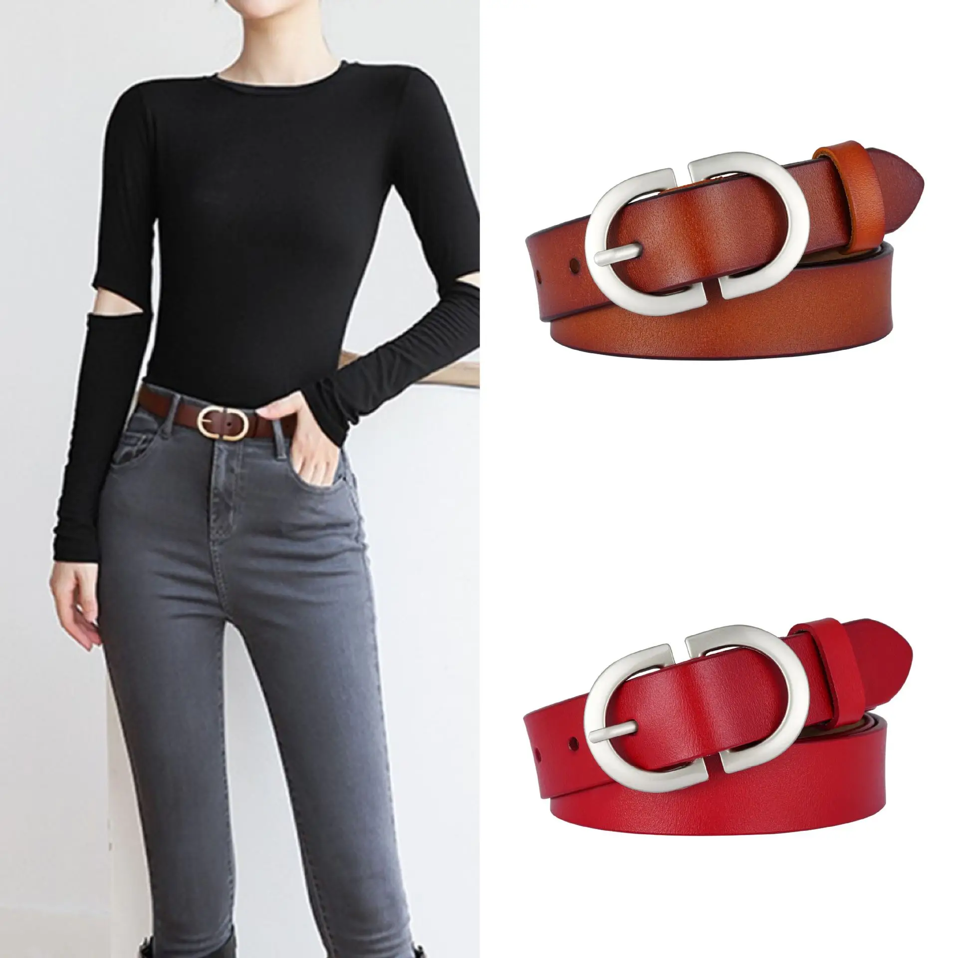 Women Genuine Leather Belt with Pin Buckle Brown