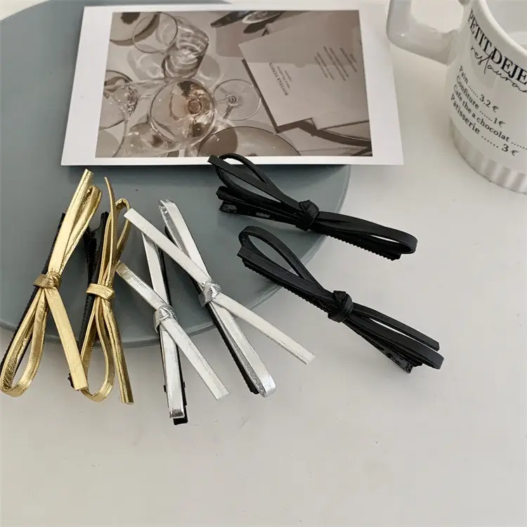 Gold Leather Bow Hairpin for Women — feature 1