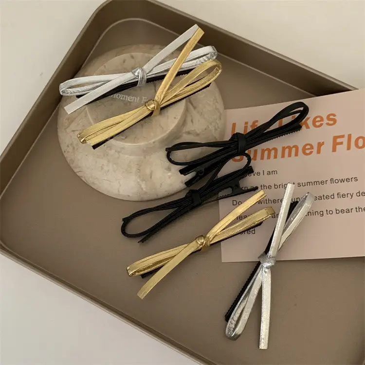 Gold Leather Bow Hairpin for Women — feature 2