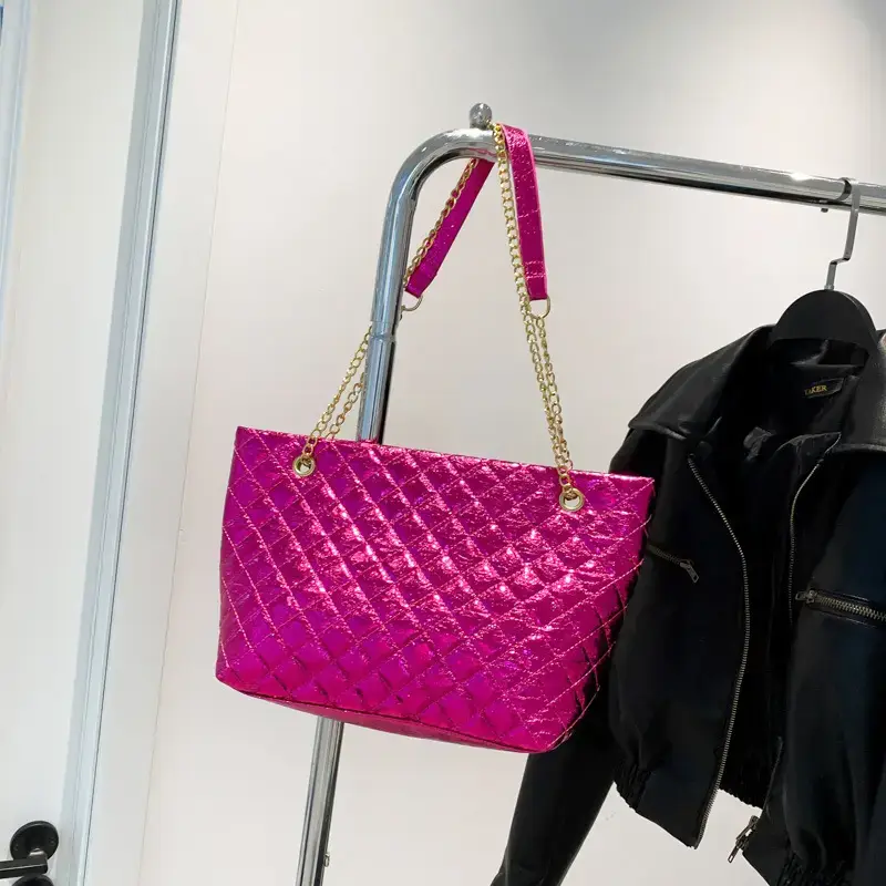 Glossy Rhombus Embroidery Tote Bag Pink 2023 - Image 6
